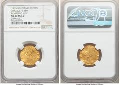 France Orange. Raymond V gold Florin d'Or ND (1340-1393) AU Details (Damaged) NGC, Fr-189 (listed under Raymond III and Raymond IV), Dup-2072. 3.43gm. (cornet) R • DI • G • | P • AuRA, stylized lily /