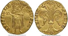 France Orange. Raymond V gold Florin d'Or ND (1340-1393) AU Details (Bent) NGC, Fr-189 (listed under Raymond III and Raymond IV), Dup-2072. 3.48gm. (cornet) R • DI • G • | P • AuRA, stylized lily / S 