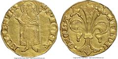 France Anonymous gold Florin d'Or ND AU Details (Cleaned) NGC, cf. Fr-37a (under Italy). 3.35gm. +FLOR | ЄXΛA, stylized lily / S • IOHΛ | NNES • B • (eagle's head), St. John the Baptist nimbate and ma