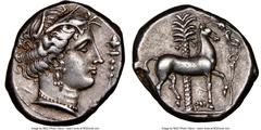 Ancients Greek SICULO-PUNIC. Sicily. Ca. 350-315 BC. AR tetradrachm (25mm, 16.93 gm, 7h). NGC Choice XF 4/5 - 5/5. Entella. Head of Tanit-Arethusa-Persephone right, wreathed with barley, wearing tripl