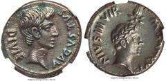 Ancients Roman Imperial Augustus (27 BC-AD 14), with M. Sanquinius, as Moneyer. AR denarius (18mm, 3.47 gm, 8h). NGC Choice AU 5/5 - 2/5, bankers mark. Rome, 17 BC. AVGVSTVS-DIVI•F, bare head of Augus