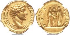 Ancients Roman Imperial Marcus Aurelius, as Caesar (AD 161-180). AV aureus (19mm, 7.08 gm, 6h). NGC Choice XF 5/5 - 4/5. Rome, AD 145-146. AVRELIVS CAES-AR AVG PII F COS II, bare head of Marcus Aureli