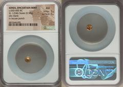 Ancients Greek IONIA. Uncertain mint. Ca. 650-600 BC. EL 1/24 stater or myshemihecte (6mm, 0.58). NGC AU 5/5 - 5/5. Blank convex surface / Incuse square punch with striated geometric interior surfaces