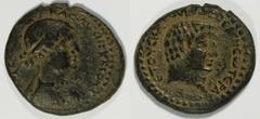 Syria, Chalcidice. Chalcis ad Libanum. Cleopatra VII, with Mark Antony. 51-30 B.C. AE 21 mm (6.00 g, 11 h). Years 21 and 6 (32/1 B.C.) Diademed and draped bust of Cleopatra right / Bare head of Mark A