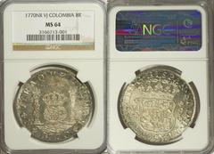 Carlos III Pillar 8 Reales 1770NR-VJ, KM39 (Date Unlisted), Calico 1000, Cayon Unlisted, MS64 NGC. Few world crowns demand so much numismatic interest as the Columnarios or Pillar Dollars that were st