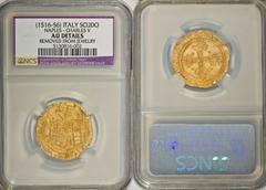 Naples. Carlo V gold Scudo ND (1516-56), Friedberg 836, AU Details NCS (removed from jewelry), a nice attractive coin with sharp features. Listed by Friedberg as Filippo II but with legends for Carlo.