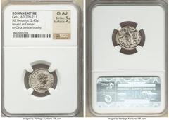 Ancients Roman Imperial Geta (AD 209-211). AR denarius (18mm, 2.45 gm, 6h). NGC Choice AU 5/5 - 4/5. Rome, AD 200-202. P SEPT GETA-CAES PONT, bare headed, draped, and cuirassed bust of Geta right, see