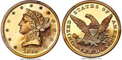Proof Liberty Eagles 1865 $10 PR66+ Deep Cameo PCGS. JD-1, Low R.7. Ex: Simpson. The 1865 proof Liberty eagle is one of the rarest gold proofs of the 1860s. PCGS and NGC have combined to certify 21 ex
