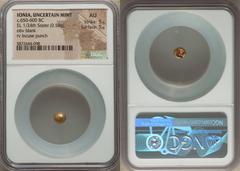 Ancients Greek IONIA. Uncertain mint. Ca. 650-600 BC. EL 1/24 stater or myshemihecte (6mm, 0.58 gm). NGC AU 5/5 - 5/5. Blank convex surface / Incuse square punch with striated geometric interior surfa