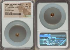 Ancients Greek IONIA. Uncertain mint. Ca. 650-600 BC. EL 1/24 stater or myshemihecte (6mm, 0.60 gm). NGC AU 4/5 - 5/5. Blank convex surface / Incuse square punch with striated geometric interior surfa