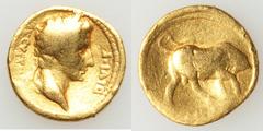 Ancients Roman Imperial Augustus (27 BC-AD 14). AV aureus (20mm, 7.61 gm, 6h). Good, smoothing. Lugdunum, 11-10 BC. ΛVGVSTVS-DIVI•F, laureate head of Augustus right / IMP•XII, bull charging right, hea