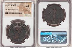 Ancients Roman Imperial Claudius I (AD 41-54). AE sestertius (36mm, 6h). NGC VG, scratches. Rome, AD 42-43. TI•CLAVDIVS•CAESAR•AVG•P•M•TR•P•IMP•, laureate head of Claudius I right / SPES-AVGVSTA, Spes