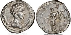Ancients Roman Imperial Commodus, as Caesar (AD 177-192). AR denarius (19mm, 4h). NGC XF, scuff. Rome, AD 175-176. COMMODO CAES AVG FIL GERM SARM, laureate, draped bust of Commodus right, seen from be