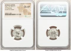 Ancients Roman Imperial Geta, as Caesar (AD 209-211). AR denarius (19mm, 12h). NGC Choice VF. Rome, AD 200-202. P SEPT GETA-CAES PONT, bare headed, draped, and cuirassed bust of Geta right, seen from 