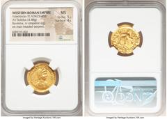Ancients Roman Imperial Valentinian III, Western Roman Empire (AD 425-455). AV solidus (21mm, 4.48 gm, 7h). NGC MS 5/5 - 4/5. Ravenna, AD 426-430. D N PLA VALENTI-NIANVS P F AVG, rosette-diademed, dra