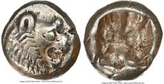 Ancients Greek LYDIAN KINGDOM. Alyattes or Walwet (ca. 610-546 BC). EL 1/12 stater or hemihecte (7mm, 1.16 gm). NGC XF 5/5 - 4/5. Sardes mint. Head of roaring lion right, radiate nodule on forehead / 