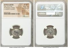 Ancients Roman Imperial Titus (AD 79-81). AR denarius (18mm, 2.87 gm, 7h). NGC Choice VF 5/5 - 4/5. Rome, AD 80. IMP TITVS CAES VESPASIAN AVG P M, laureate head of Titus right / TR P IX IMP XV-COS VII