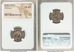 Ancients Roman Imperial Macrinus (AD 217-218). AR denarius (19mm, 6h). NGC Choice XF. Rome, AD 217-218. IMP C M OPEL SEV MACRINVS AVG, laureate, cuirassed bust of Macrinus right, seen from front, with