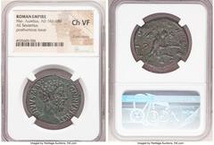 Ancients Roman Imperial Divus Marcus Aurelius (AD 161-180). AE sestertius (31mm, 12h). NGC Choice VF, light smoothing. Rome, after AD 180. DIVVS M AN-TONINVS PIVS, bare head of Divus Marcus Aurelius r
