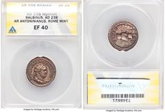 Ancients Roman Imperial Balbinus (April-July AD 238). AR antoninianus (23mm, 6h). ANACS XF 40. Rome. IMP CAES D CAEL BALBINVS AVG, radiate, draped, and cuirassed bust of Balbinus right, seen from the 