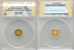 Islamic Dynasties Ottoman Empire Ottoman Empire. Mahmud II gold 1/4 Zeri Mahbub AH 1223 Year 21 (AD 1808/1810) AU58 ANACS, cf. KM608 (this date unlisted), UBK-Unl. We would note that while Uslu, Beyaz