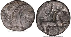 Ancients Celtic BRITAIN. Iceni. Ca. 20 BC-AD 40 or Queen Boudicca (AD 61). AR unit (13mm, 0.91 gm, 9h). NGC MS 3/5 - 3/5. Uninscribed coinage, Norfolk God Type. Male head right, oval eye, wearing must