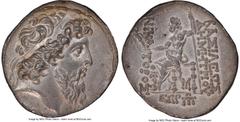Ancients Greek SELEUCID KINGDOM. Demetrius II Nicator, second reign (129-125 BC). AR tetradrachm (30mm, 16.38 gm, 12h). NGC Choice AU 5/5 - 2/5, Fine Style, smoothing. Ake Ptolemais, dated Seleucid Er