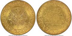 Islamic Dynasties Ottoman Empire Ottoman Empire. Mehmed V gold "Monnaie de Luxe" 500 Kurush AH 1327 Year 3 (1911/1912) AU Details (Removed From Jewelry) NGC, Constantinople mint (in Turkey), KM765. Mi