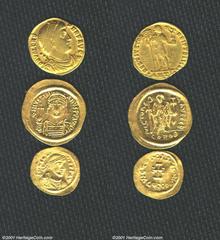 Byzantine, Mixed Byzantine and Roman gold lot including: Rome, Valens, 364-378 AD gold solidus, Diademed, draped, and cuirassed bust right/Valens standing, facing, head right, holding Victory and laba
