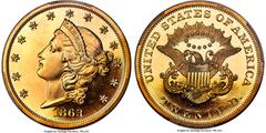 Proof Liberty Double Eagles 1863 $20 PR65+ Cameo PCGS. CAC. JD-1, Low R.7. Ex: Simpson. The 1863 Liberty double eagle is an extremely rare issue in proof format, from a reported mintage of just 30 exa