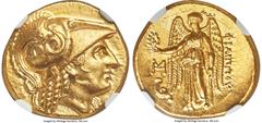 Ancients Greek MACEDONIAN KINGDOM. Philip III Arrhidaeus (323-317 BC). AV stater (18mm, 8.58 gm, 1h). NGC MS 5/5 - 4/5. Abydus, 323-317 BC. Head of Athena right, hair in four tight corkscrew curls fal