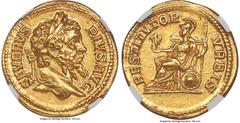 Ancients Roman Imperial Septimius Severus (AD 193-211). AV aureus (20mm, 7.22 gm, 5h). NGC MS 5/5 - 5/5, Fine Style. Rome, AD 202-210. SEVERVS-PIVS AVG, laureate head of Septimius Severus right / REST