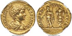 Ancients Roman Imperial Caracalla, as Caesar (AD 198-217). AV aureus (19mm, 7.46 gm, 12h). NGC AU 5/5 - 3/5. Rome, AD 196-198. M AVR ANTON-CAES PONTIF, bare headed, draped bust of Caracalla right, see
