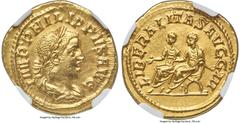 Ancients Roman Imperial Philip II, as Augustus (AD 247-249). AV aureus (20mm, 4.70 gm, 1h). NGC Choice AU 5/5 - 2/5, brushed, edge scuffs. Rome, AD 247-249. IMP•PHILIPPVS AVG, laureate, draped, and cu