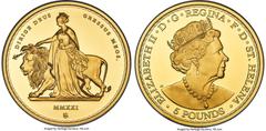 Saint Helena British Colony. Elizabeth II gold Proof "Una and the Lion" 5 Pounds (2 oz) 2021 PR69 Ultra Cameo NGC, KM-Unl. Masterpiece Collection. Mintage: 125. Struck parallel to the now iconic "Grea