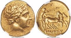 Ancients Greek MACEDONIAN KINGDOM. Philip II (359-336 BC). AV stater (19mm, 8.55 gm, 11h). NGC Choice XF 5/5 - 5/5. Early posthumous issue of Pella, by Philip III, ca. 323-318/7 BC. Laureate head of A