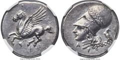 Ancients Greek CORINTHIA. Corinth. Ca. 345-307 BC. AR stater (22mm, 8.50 gm, 12h). NGC Choice AU S 5/5 - 5/5, Fine Style. Pegasus with pointed wing flying left; Ϙ below / Head of Athena left, wearing 