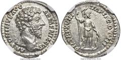 Ancients Roman Imperial Marcus Aurelius, as Augustus (AD 161-180). AR denarius (18mm, 3.21 gm, 6h). NGC Choice MS 5/5 - 5/5. Rome, AD 163-164. ANTONINVS AVG-ARMENIACVS, bare head of Marcus right / P M