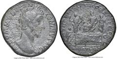 Ancients Roman Imperial Commodus (AD 177-192). AE sestertius (31mm, 11h). NGC Fine. Rome, AD 181. M COMMODVS-ANTONINVS AVG, laureate, cuirassed bust of Commodus right, seen from behind / TR P VI IMP I