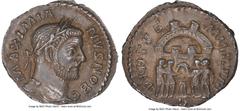 Ancients Roman Imperial Galerius, as Caesar (AD 305-311). AR argenteus (19mm, 3.25 gm, 6h). NGC AU S 5/5 - 4/5. Trier, AD 295-297. MAXIMIA-NVS NOB C, laureate head of Galerius right / VIRTUS-MILITVM, 