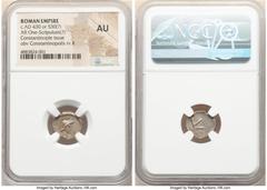 Ancients Roman Imperial Constantinople Commemorative (ca. AD 430). AR one-scripulum (14mm, 11h). NGC AU. Constantinople. Helmeted, draped bust of Constantinopolis right, seen from front / Large K (for