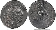 Ancients Roman Republic Cn. Lentulus (ca. 76-75 BC). AR denarius (20mm, 6h). NGC Choice VF, edge cut, brushed. Uncertain mint in Spain. G•P•R, diademed and draped bust of bearded Genius Populi Romani 