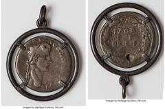 Ancients Greek Gaius (Caligula) (AD 37-41). AR denarius (19mm, 6h). VG, holed, scuff. Rome, AD 41. C•CAESAR•AVG•PON•M•TR•POT•III•COS•III, laureate head of Caligula I right / S•P•Q•R• / P P / OB•C•S•, 