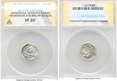 Ancients Roman Imperial UNCERTAIN GERMANIC TRIBES. Gaul. Ca. early 5th century AD, time of Theodosius II (AD 402-450). AR siliqua (18mm, 1h). ANACS VF 20. Contemporary (Visigothic?) imitation of a sil