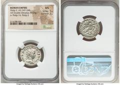 Ancients Roman Imperial Philip II, as Augustus (AD 247-249). AR antoninianus (22mm, 4.67 gm, 7h). NGC MS 5/5 - 3/5. Rome, AD 247-249. IMP PHILIPPVS AVG, radiate, draped and cuirassed bust of Philip II