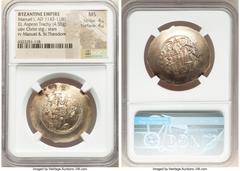 Ancients Byzantine Manuel I Comnenus (AD 1143-1180). EL aspron trachy (31mm, 4.55 gm, 5h). NGC MS 4/5 - 4/5. Constantinople, AD 1160-1164. IC-XC (barred), Christ standing facing on dais, bearded, wear