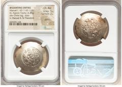 Ancients Byzantine Manuel I Comnenus (AD 1143-1180). EL aspron trachy (31mm, 4.49 gm, 5h). NGC Choice AU 5/5 - 2/5, graffito. Constantinople, AD 1160-1164. IC-XC (barred), Christ standing facing on da