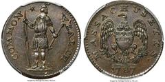 Colonials 1787 Massachusetts Half Cent, Ryder 6-A, W-5970, R.6, MS64 Brown PCGS. CAC. Equivalents. Ryder 6-A; Whitman-5970. Crosby was unaware of this variety in 1875. Rarity. McGuigan: R.6 (19 to 24 