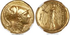 Ancients Greek MACEDONIAN KINGDOM. Alexander III the Great (336-323 BC). AV distater (21mm, 17.18 gm, 9h). NGC AU 5/5 - 3/5, Fine Style. Lifetime issue of Amphipolis, 325-323 BC. Head of Athena right,