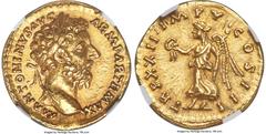 Ancients Roman Imperial Marcus Aurelius, as Augustus (AD 161-180). AV aureus (19mm, 7.31 gm, 11h). NGC Choice AU S 5/5 - 5/5. Rome, AD 168. M ANTONINVS AVG-ARM PARTH MAX, laureate head of Marcus right